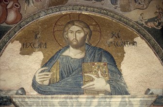 TURKEY, Istanbul, Detail of Byzantine mosaic of Christ in the Chora church museum.
