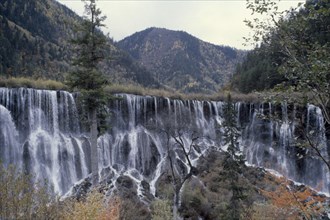 CHINA, Sichuan Province, Huanglong, Jiuzhaigou Nature Reserve multi level waterfalls with tree