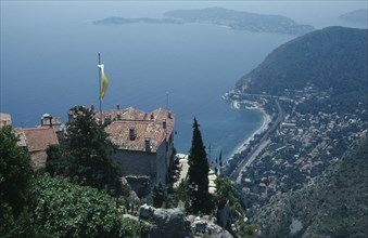 FRANCE, Provence Cote d Azur, Alps Maritime, Eze. View from hilltop over rooftops and coastline