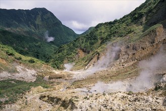 DOMINICA, Trois Pitons Nat. Park, Valley of Desolation, Landscape with steam rising from geysers on