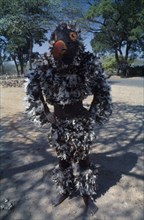 ZIMBABWE, People, Makishi masked dancer wearing feathered bird costume.