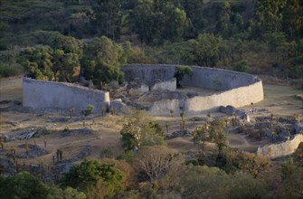 ZIMBABWE, Great Zimbabwe Ruins, "Elevated view over circular enclosure in ancient ruined city,