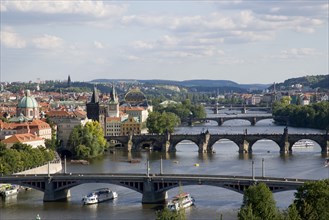 CZECH REPUBLIC, Bohemia, Prague, The city skyline with the bridges across the Vtlava River and