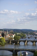 CZECH REPUBLIC, Bohemia, Prague, The city skyline with the bridges across the Vtlava River