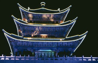 CHINA, Yunnan, Dali, "Neon, illuminated temple in the old city."