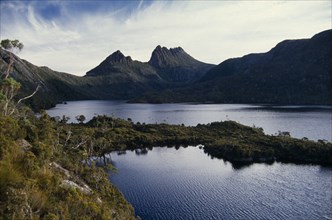 AUSTRALIA, Tasmania, "Cradle Mountain and Lake Dove, seen from Suicide Rock in Cradle Mountain Lake
