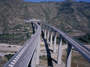ITALY, Sicily, Messina Provence, View East along the Motorway A20  bridge over the River Tusa