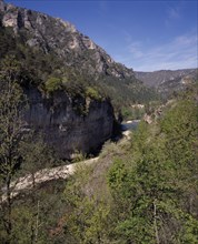 FRANCE, Midi Pyrenees, Tarn Gorge, "Westwards view along the deep narrow passage with steep rocky