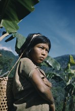 COLOMBIA, Sierra de Perija, Yuko - Motilon, Young girl with woven cane basket for carrying maize
