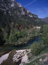 FRANCE, Midi Pyrenees, Tarn Gorge, "View along the gorge to the restored Hamlet, small village,