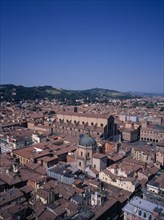 ITALY, Emilia Romagna, Bologna, View South West over the city with the brick built Church of San