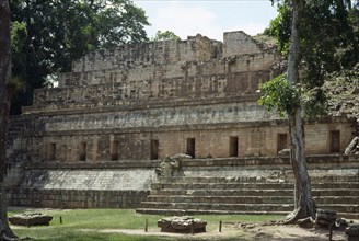 HONDURAS, Western Highlands, Copan, Exterior walls of stone structure in ancient Mayan site.