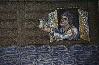 ITALY, Veneto, Venice, Detail of mosaic depicting Noah releasing white dove from the floating ark