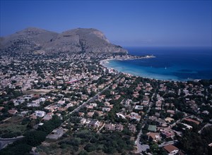 ITALY, Sicily, Palermo, "Aerial view of the coastal town of Mondello, North of Mount Pellegrino and