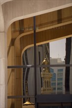 UAE, Abu Dhabi, Arabian Monetary Fund Head Office building. Detail of  windows with minarets and