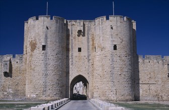FRANCE, Languedoc Roussillon, Aigues Mortes, "13th Century Fortress, Ramparts. South Gate"