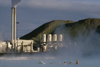 ICELAND, Gullbringu, Reykjanes, Svartsengi geothermal power plant and Blue Lagoon.  Water is