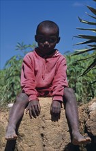 MADAGASCAR, People, Children, Near Ambositra. Portrait of a young child wearing a red hooded top