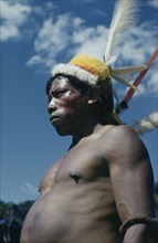 COLOMBIA, Vaupes Region, Tukano Tribe, "Man with ceremonial feather head-dress – crown of white