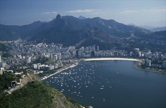 BRAZIL, Rio de Janeiro, View of Botafogo harbour and Corcovado mountain from Pao de Acucar.