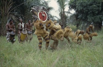 CONGO, Dance, Bapende animal masqueraders performing dance at initiation ceremony.