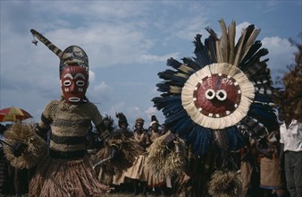 CONGO, Gungu, Bapende tribe masked dancers at Gungu festival.
