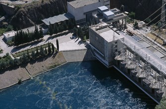 TAJIKISTAN, Nurek, View looking down on the hydroelectric power station.
