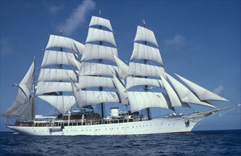 SAILING, Tall ship, Sea Cloud tall ship with white sails built in 1931 with twenty nine sails
