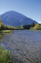 CANADA, Alberta, Landscape near Crowsnest Pass with river flanked by trees in fall colours and