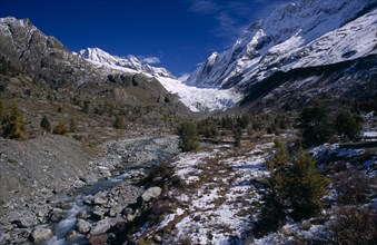 SWITZERLAND, Wallis, Lotschental, The river Lonza starting as glacier meltwater near the head of