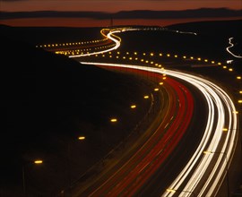 TRANSPORT, Traffic, Motorway, M62 Motorway. Elevated view over traffic in motion blur with light