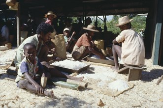 MADAGASCAR, Industry, A group of men women and children Quartz cutting and sorting