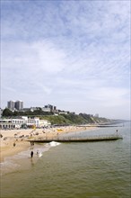ENGLAND, Dorset, Bournemouth, The East Beach showing the seafront attractions with people on the