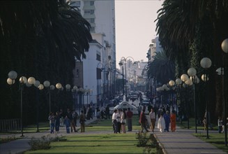 MOROCCO, Rabat, City centre and Avenue Mohammed V lined by trees and street lights.