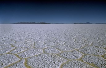 BOLIVIA, Altiplano, Salar de Uyuni, Salt plains in year of heavy rain with hexagonal patterns