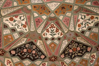 INDIA, Rajasthan, Amber, "Fort palace, Ganesh Pol roof detail."