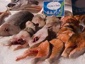 FRANCE, Lower Normandy, Caen, Pollack displayed on ice at the fish market near the harbour.