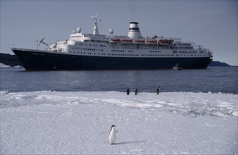 ANTARCTICA, Ross Sea, Ross Island, Cape Royds. Tourist ship called Marco Polo on water with Adelie