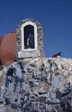 ANTARCTICA, Peninsula Region, Chilean Base Gonzalez Videla. Gentoo Penguin nesting next to a statue