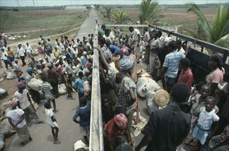 LIBERIA, War, UN peacekeeping operation transporting people displaced by civil war.