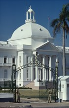 HAITI, Port au Prince, The Presidential Palace.  Detail of white painted exterior with dome and