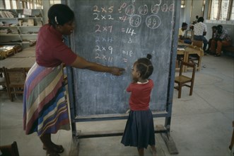 GRENADA, Education, Female teacher pointing out 2 x table written in coloured chalk on blackboard