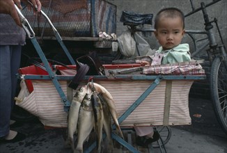 CHINA, Children, Baby in push chair with purchase of fish hung on side.