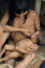 ECUADOR, Amazonas, Waorani tribeswoman breastfeeding baby.