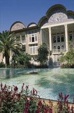IRAN, Fars Province, Shiraz, Ghajar Palace Kakh -E -Eram Garden of Paradise. Palace exterior seen