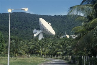 JAMAICA, Media, Satelite earth station.  Satelite dish above palm trees.