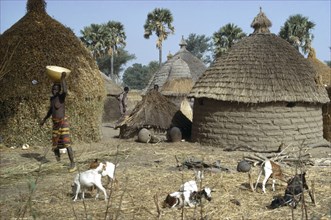 CHAD, Traditional Housing, Village huts with straw roofs and a woman carrying a bowl on her head