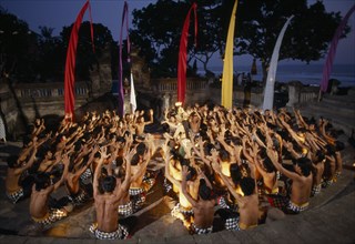 INDONESIA, Bali, Kechak dancers forming human mandala. The Kechak dance tells the story of Prince