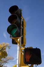 USA, New Mexico, Santa Fe, Traffic lights showing green and pedestrian lights showing red on the