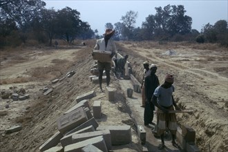GAMBIA, Water, Men building irrigation system from river